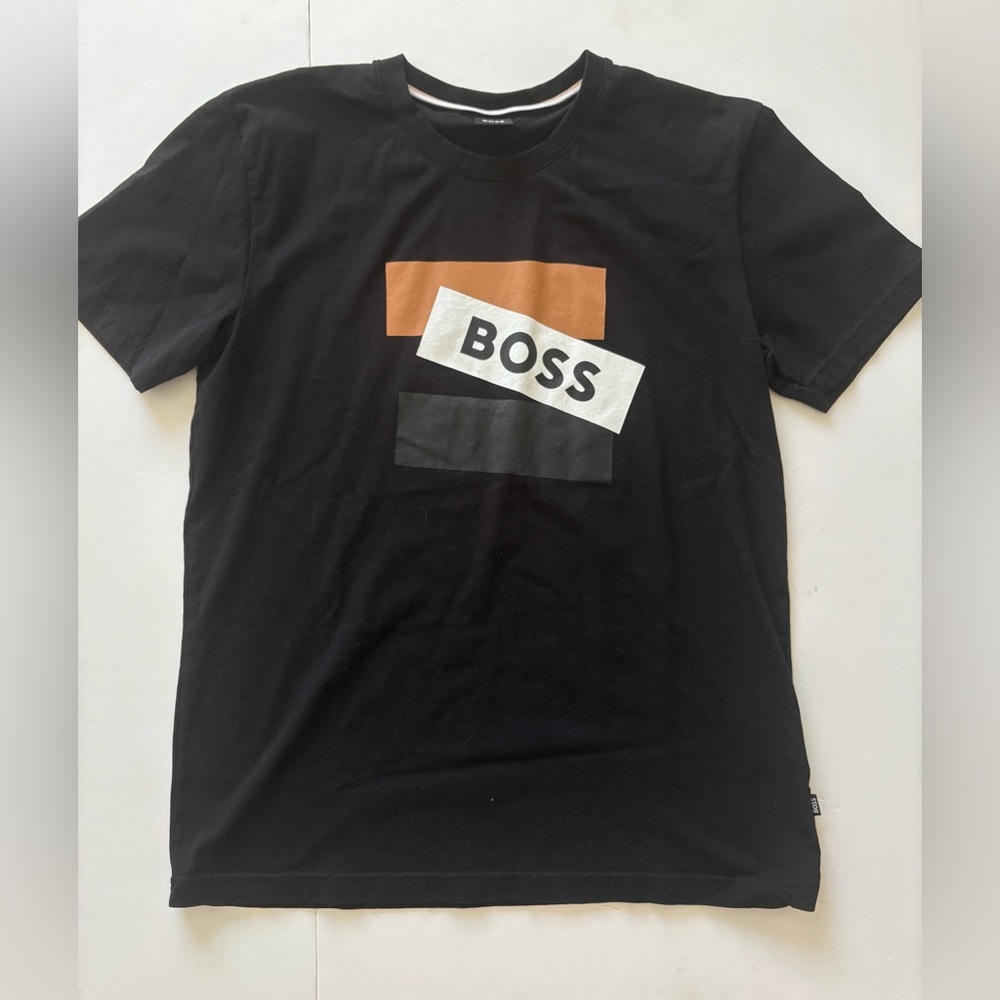 BOSS Black Short-Sleeve Tee with Tan and White Logo Blocks